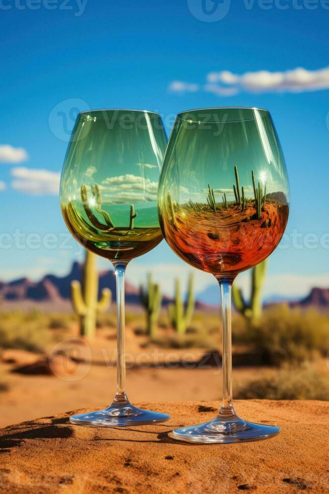 Wine glasses as surreal landscapes with reflections and distortions captured in a palette of cactus green desert sand and azure sky blue photo