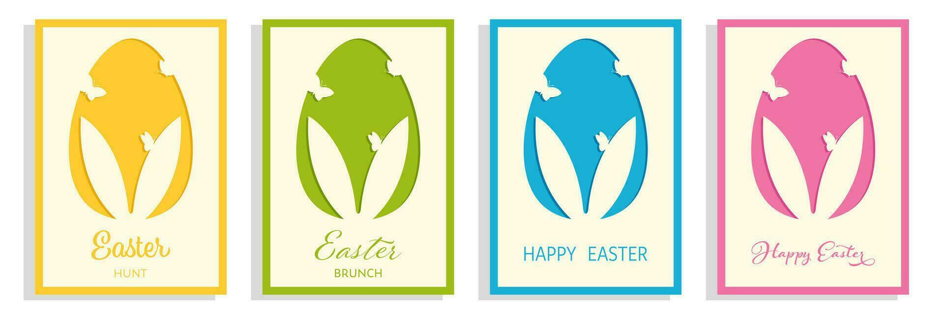 Happy Easter greeting card set. Egg silhouette with rabbit ears and butterflies. vector