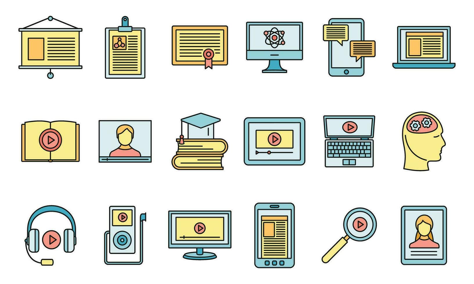 Online interactive learning icons set vector color