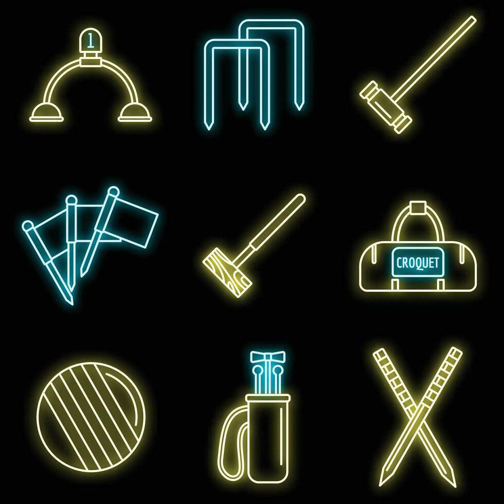 Croquet equipment icons set vector neon