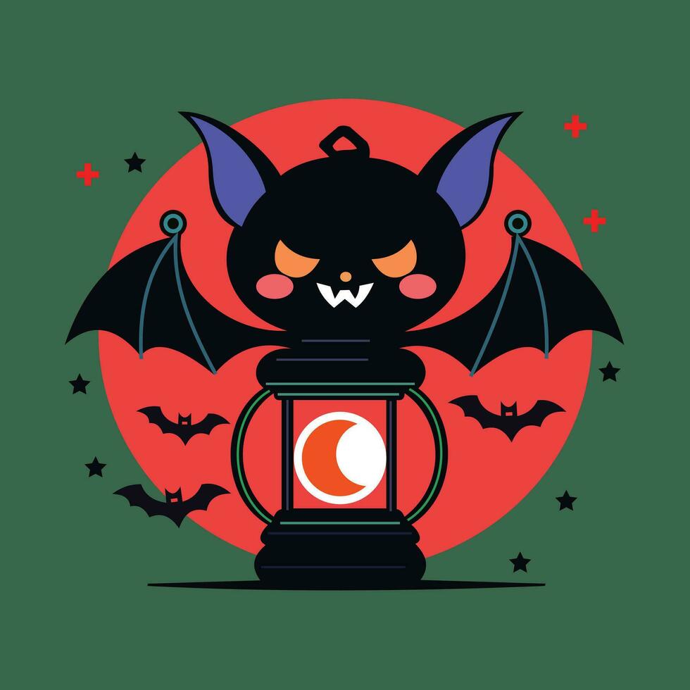 flat vector design for cute halloween 1 bat with lantern and moon