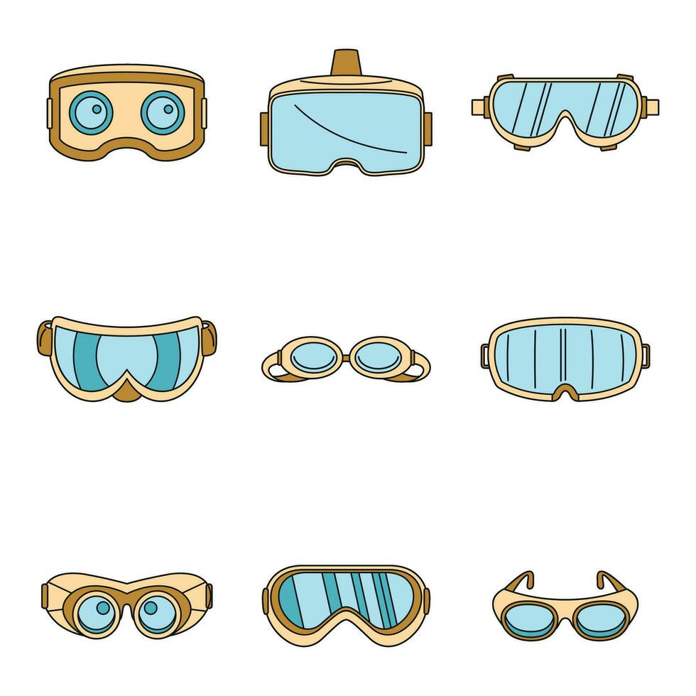 Goggles ski glass mask icons set vector color