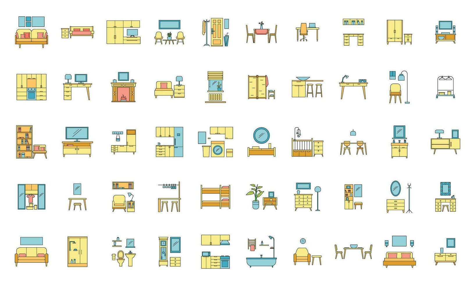 Interior room objects icons set vector color