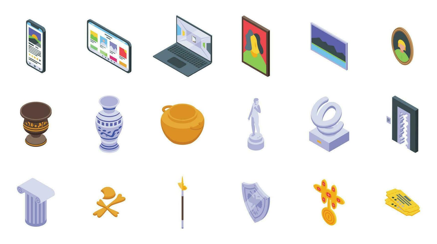 Online art gallery icons set isometric vector. Computer virtual tour vector