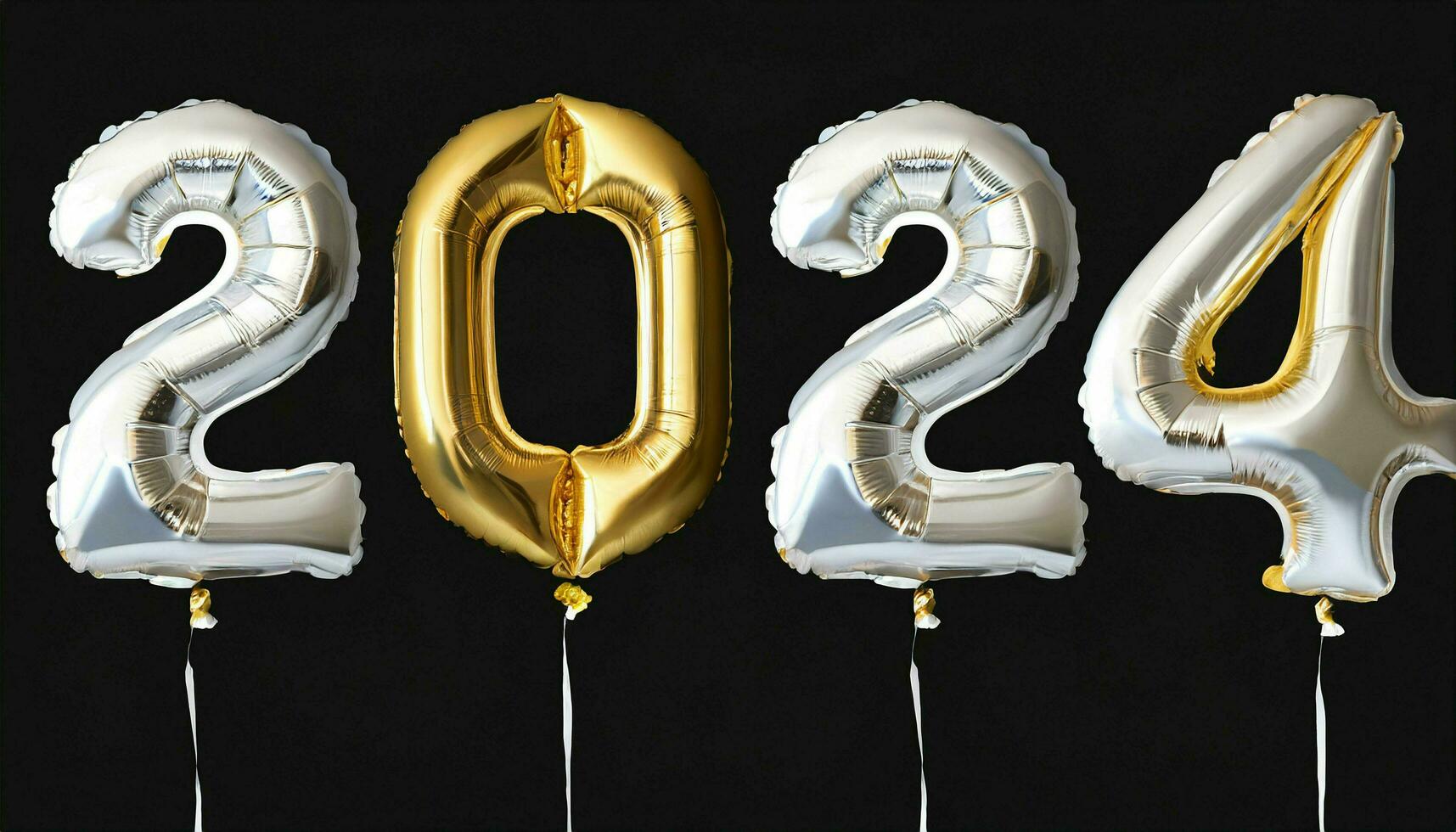 2024 3d números con blanco y dorado globos, y cintas aislado en un negro antecedentes. generativo ai foto