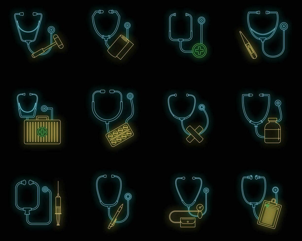 Phonendoscope stethoscope icons set vector neon