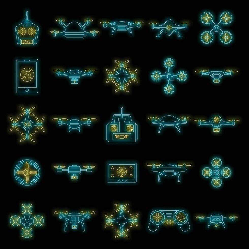 Drone camera quadcopter icons set vector neon