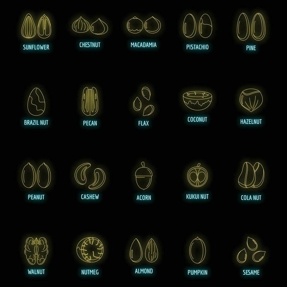 Nut types with signed names icons set vector neon