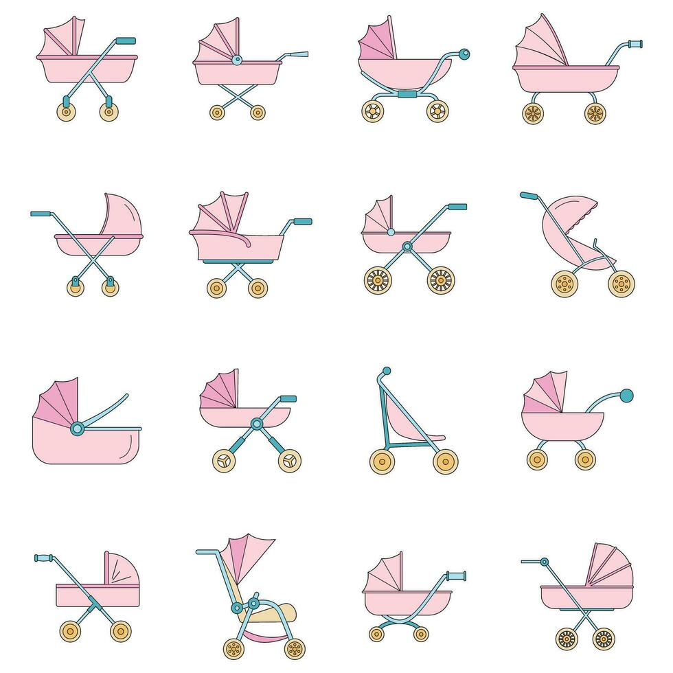Pram stroller carriage icons set vector color