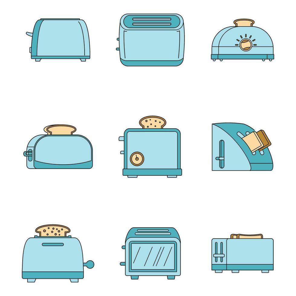 Toaster kitchen bread icons set vector color