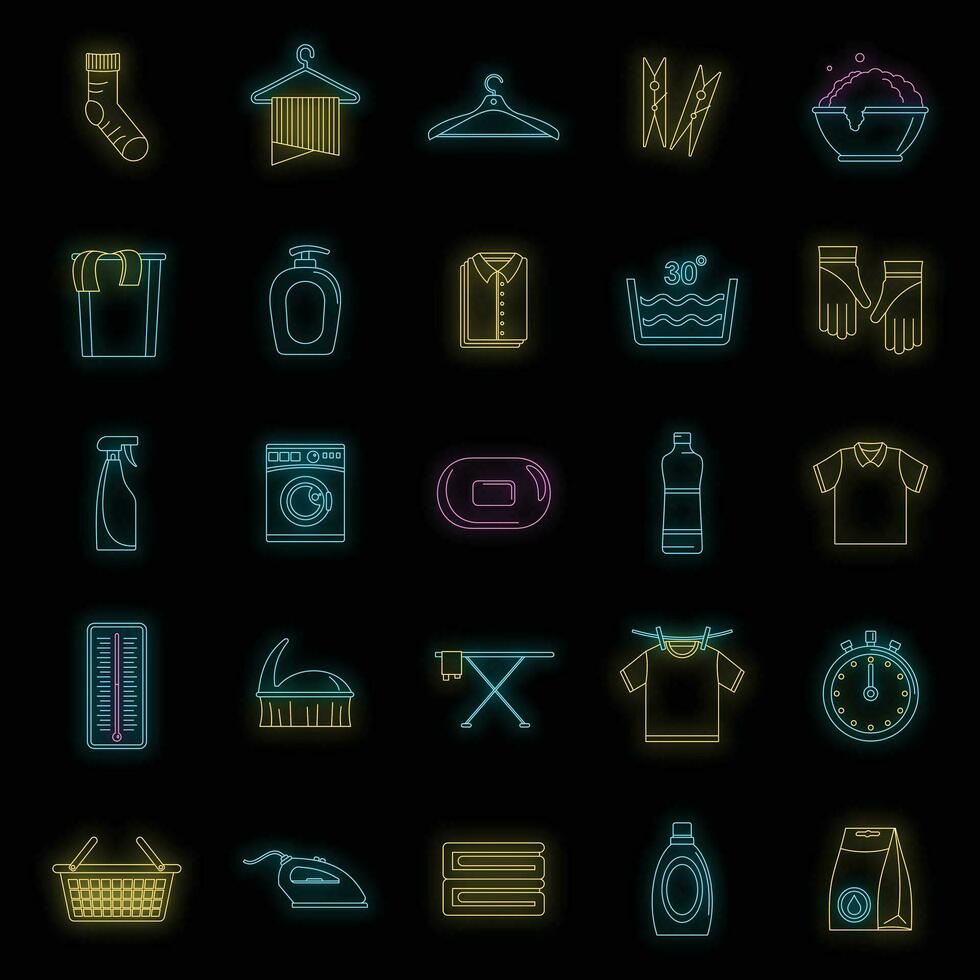 Laundry service icons set vector neon