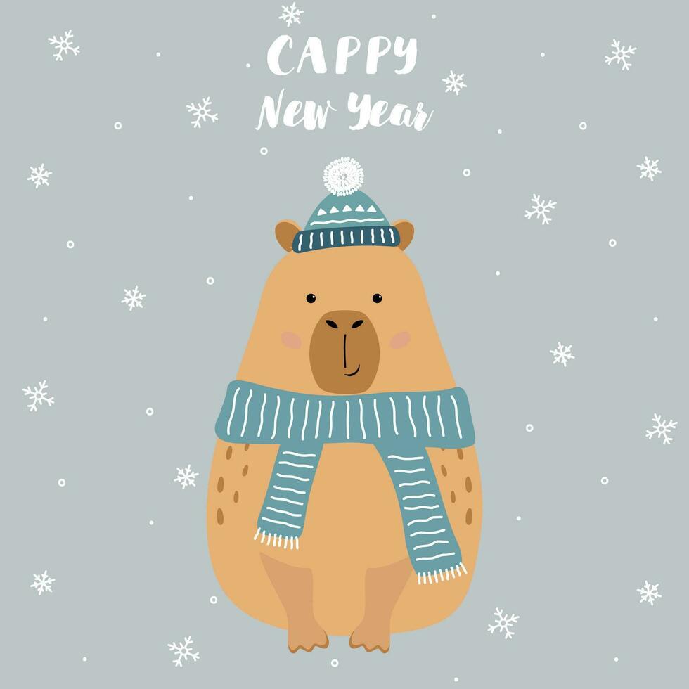 Happy new year greeting card. Cute cartoon capybara with in a hat and scarf vector