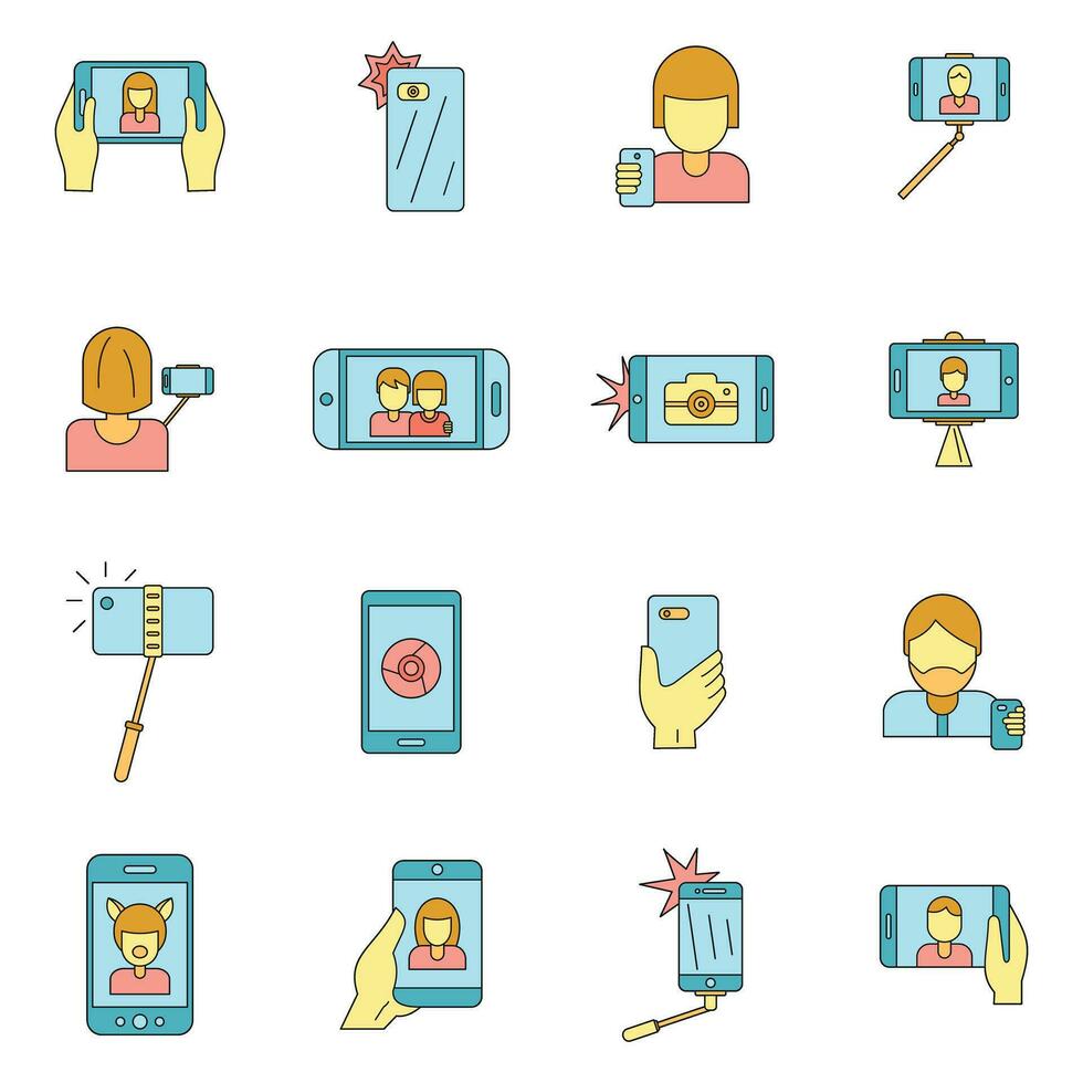 Selfie video photo people icons set vector color