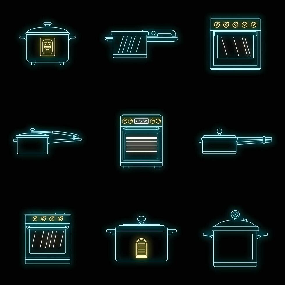 Cooker oven stove pan icons set vector neon