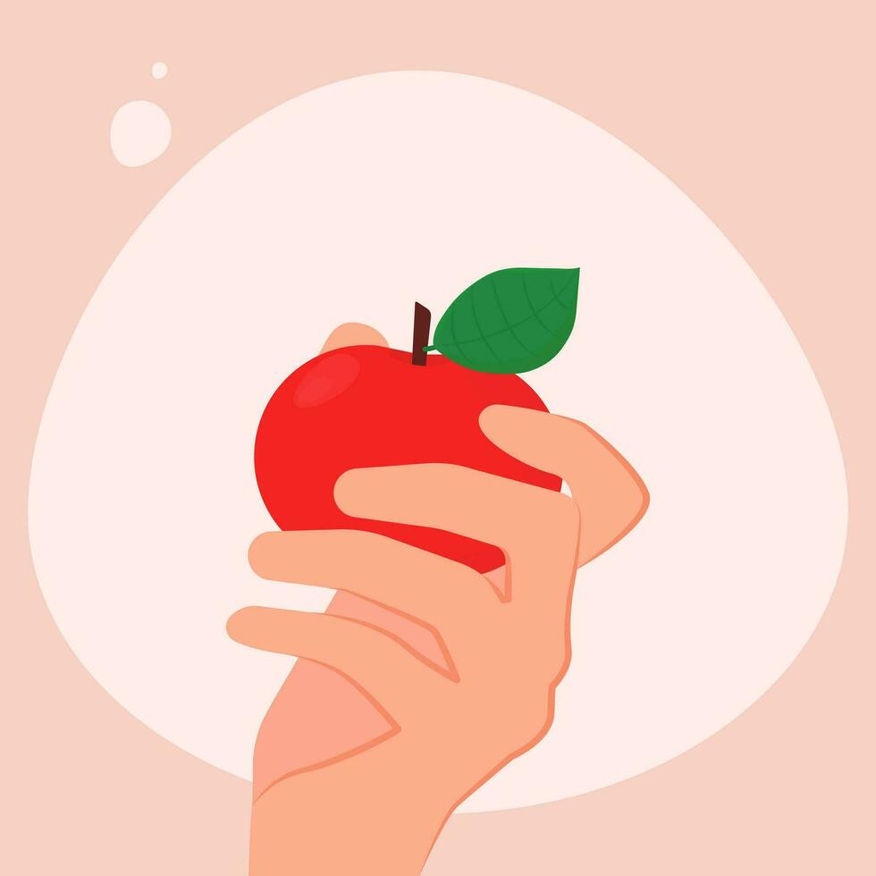 comer un rojo manzana un día. manzana en mano bandera vector