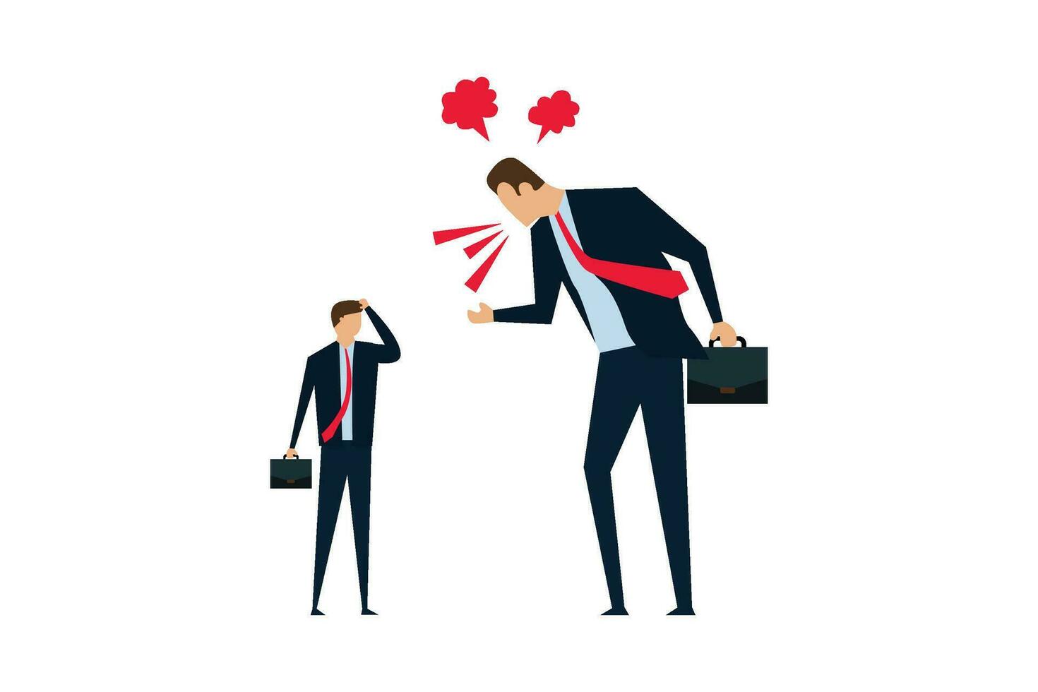 Big boss businessman yelling at a dejected, underperforming employee and filled with rage and frustration. vector