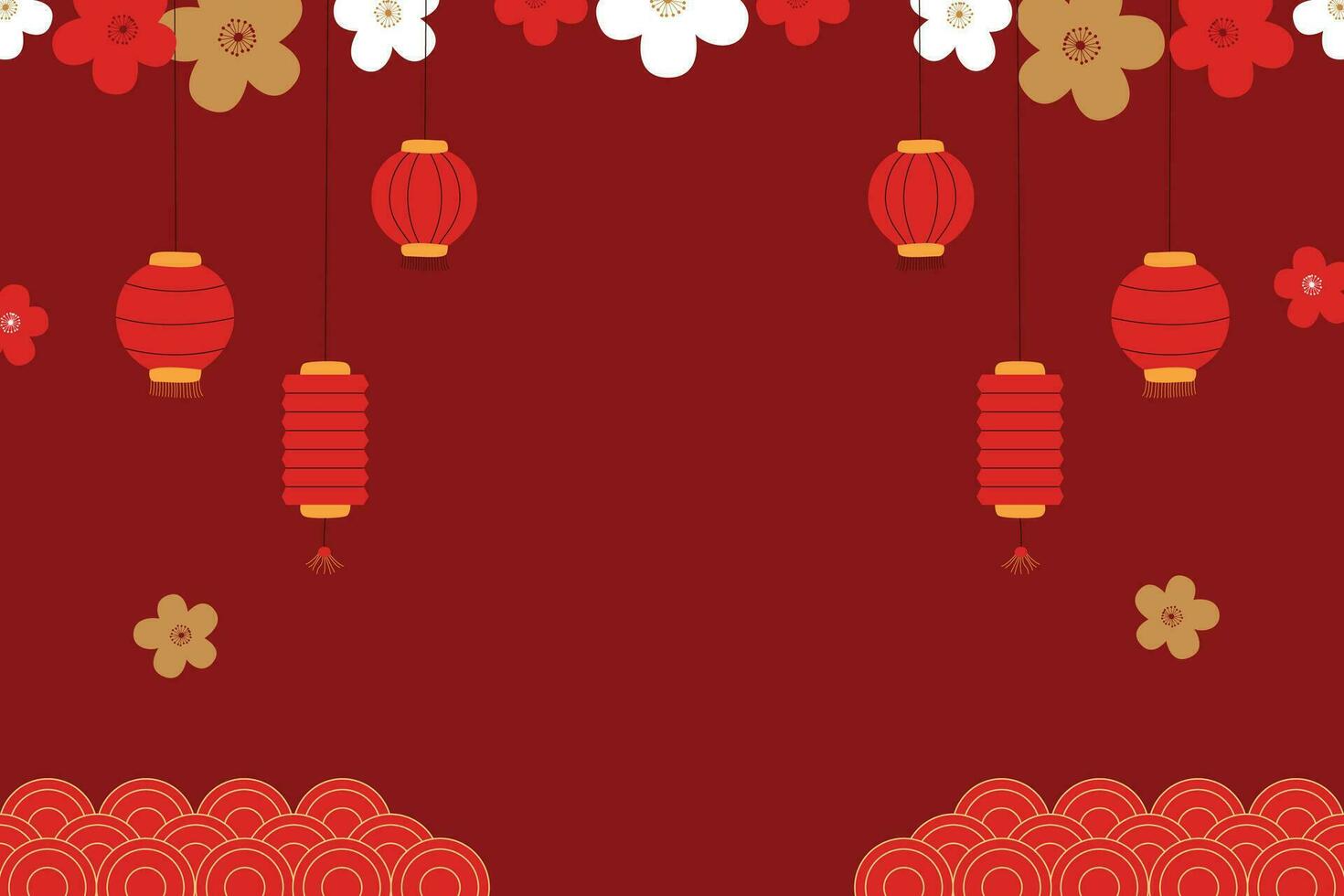 Happy chinese new year with flower,lantern,asian elements gold on Red Background. vector