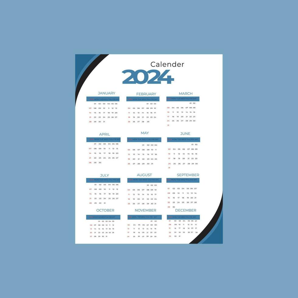 2024 Calender Design . vector