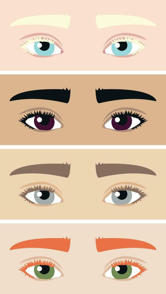 Set of different eyes and eyebrows colors. World Sight Day and World Retina Day. Retina of different colors vector