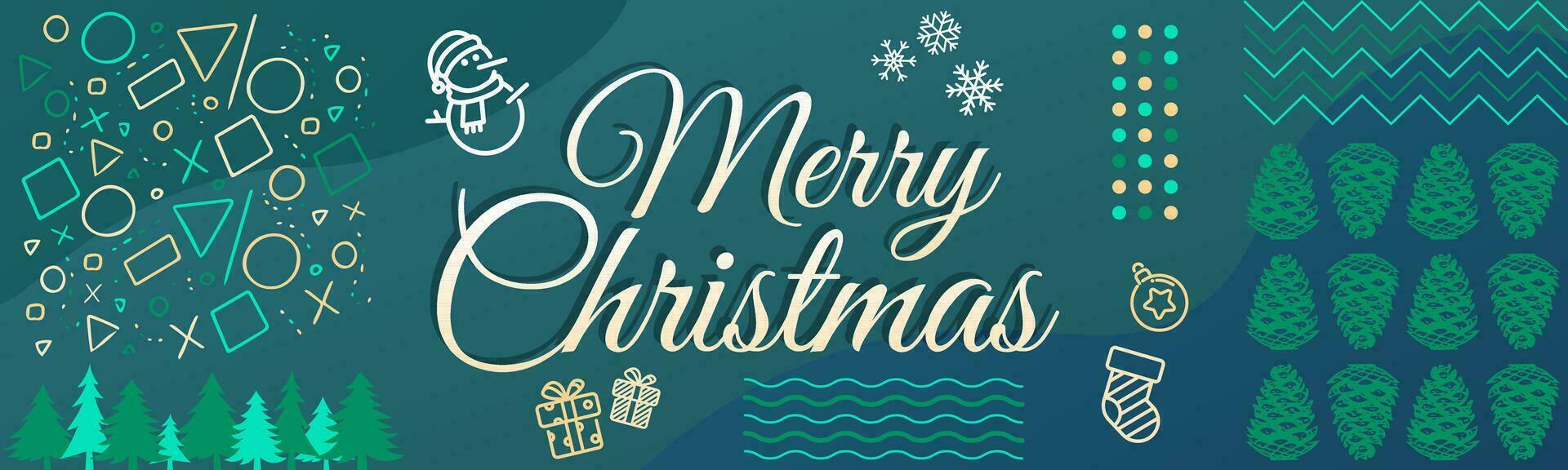 alegre Navidad texto bandera vector con icono, pino árbol, muñeco de nieve, regalo icono, y copos de nieve iconos