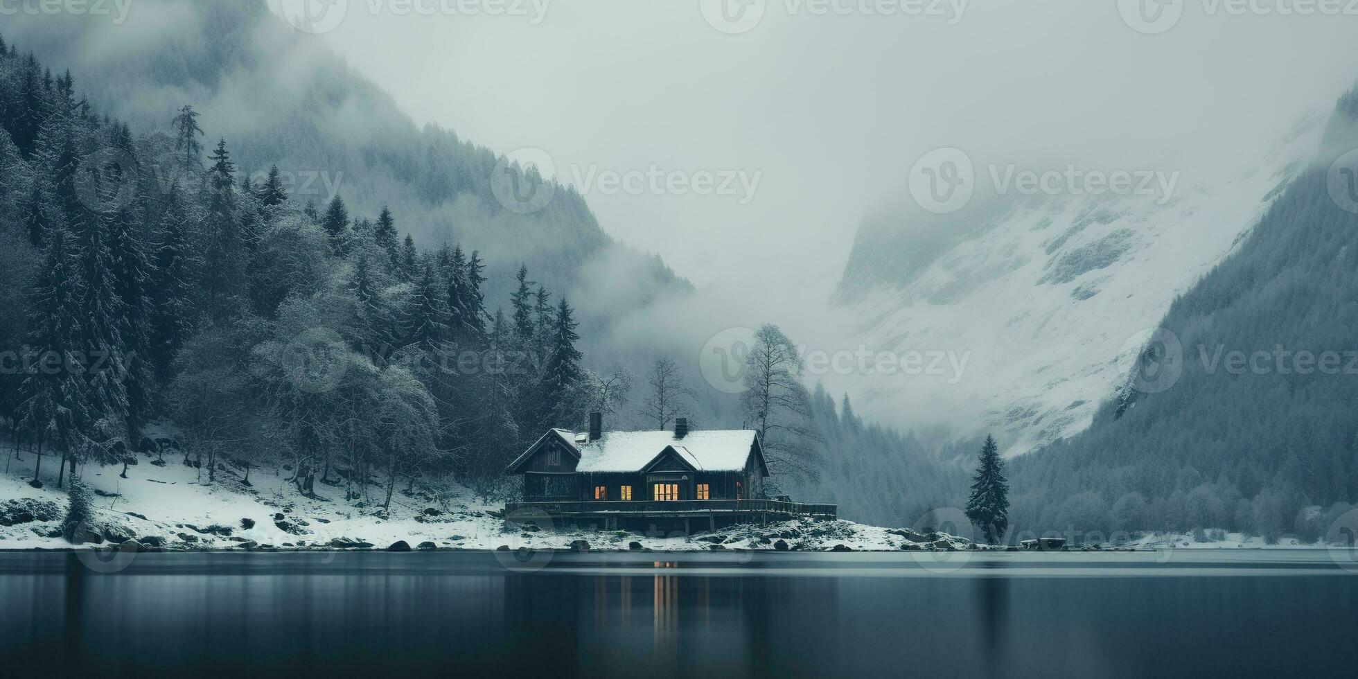 Generative AI, Winter aesthetic landscape with house panorama, muted neutral colors, forest and mountains.. photo