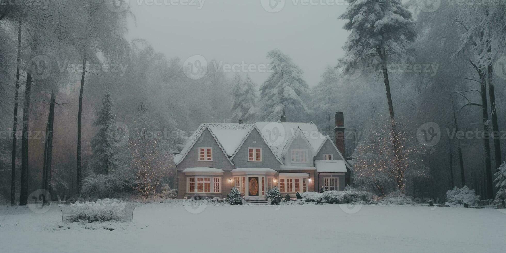 Generative AI, Winter aesthetic landscape with house panorama, muted neutral colors, forest and mountains.. photo