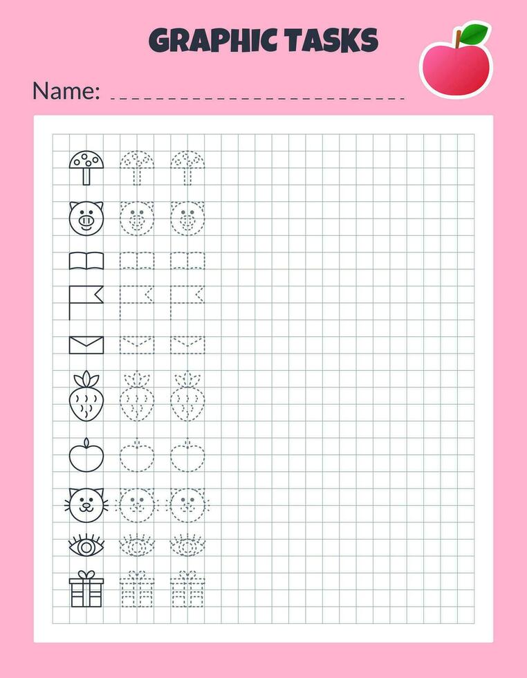 Drawing by cells. Educational game for preschool children. Worksheets for practicing logic and motor skills. Game for kids. Graphic tasks with different objects and elements. Vector illustration