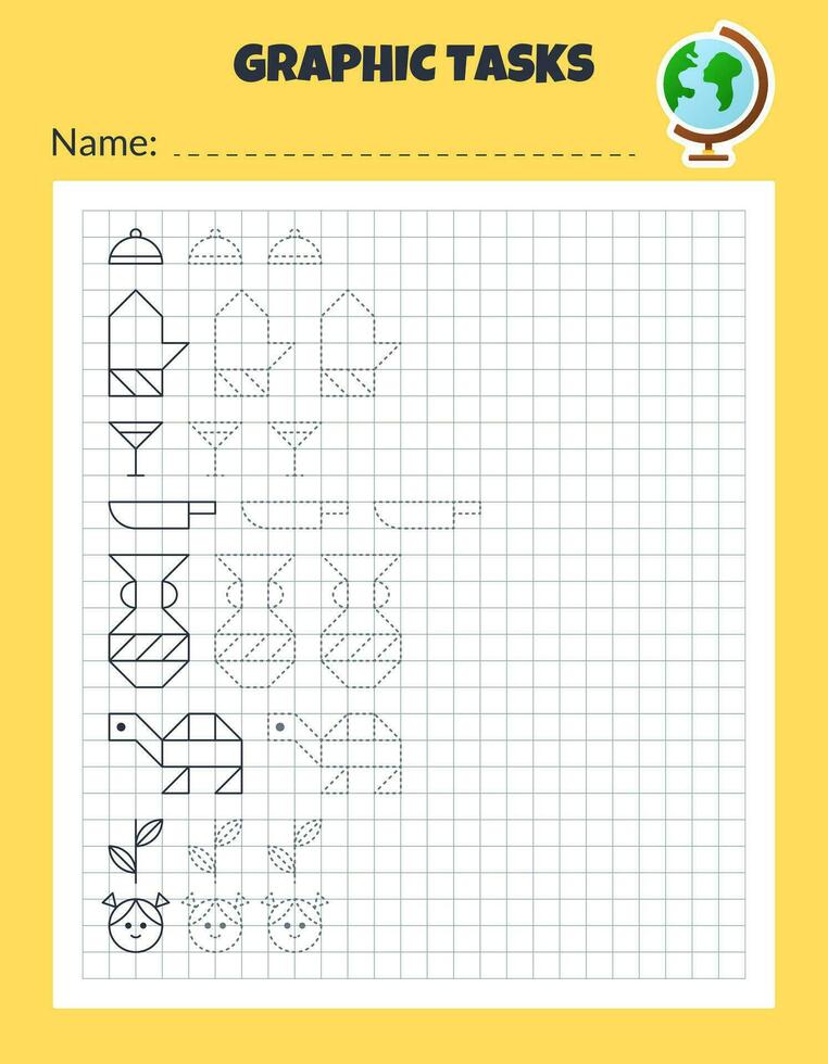 Drawing by cells. Educational game for preschool children. Worksheets for practicing logic and motor skills. Game for kids. Graphic tasks with different objects and elements. Vector illustration