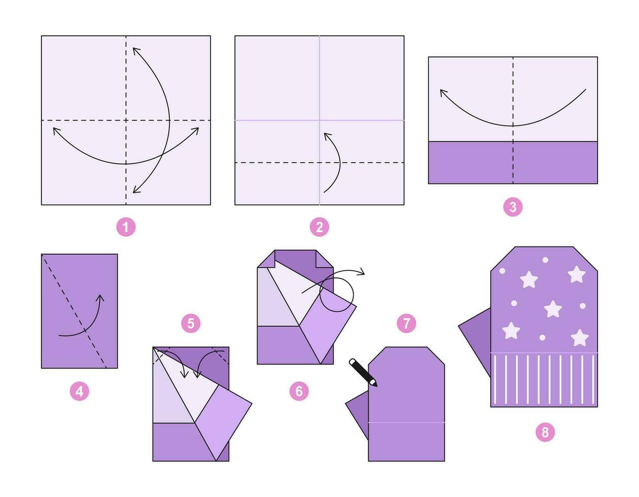 Glove origami scheme tutorial moving model. Origami for kids. Step by step how to make a cute origami glove. Vector illustration.