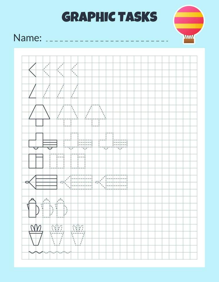 Drawing by cells. Educational game for preschool children. Worksheets for practicing logic and motor skills. Game for kids. Graphic tasks with different objects and elements. Vector illustration
