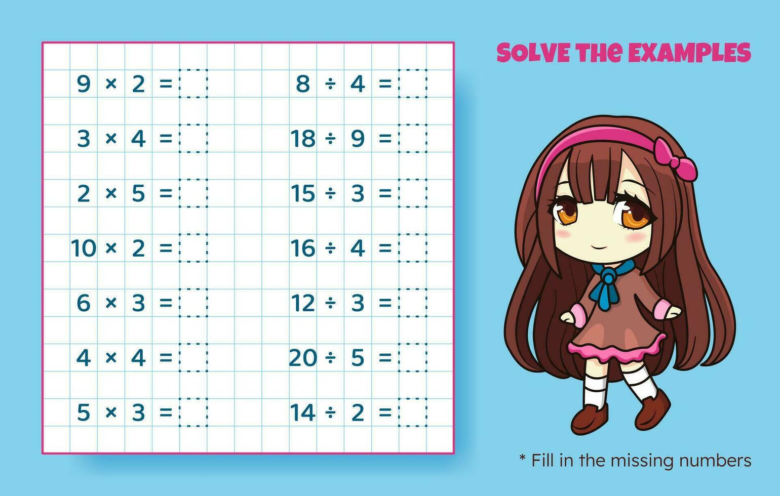 Solve the examples. Multiplication and division up to 20. Mathematical puzzle game. Worksheet for preschool kids. Vector illustration. Cartoon educational game with cute anime girl for children.