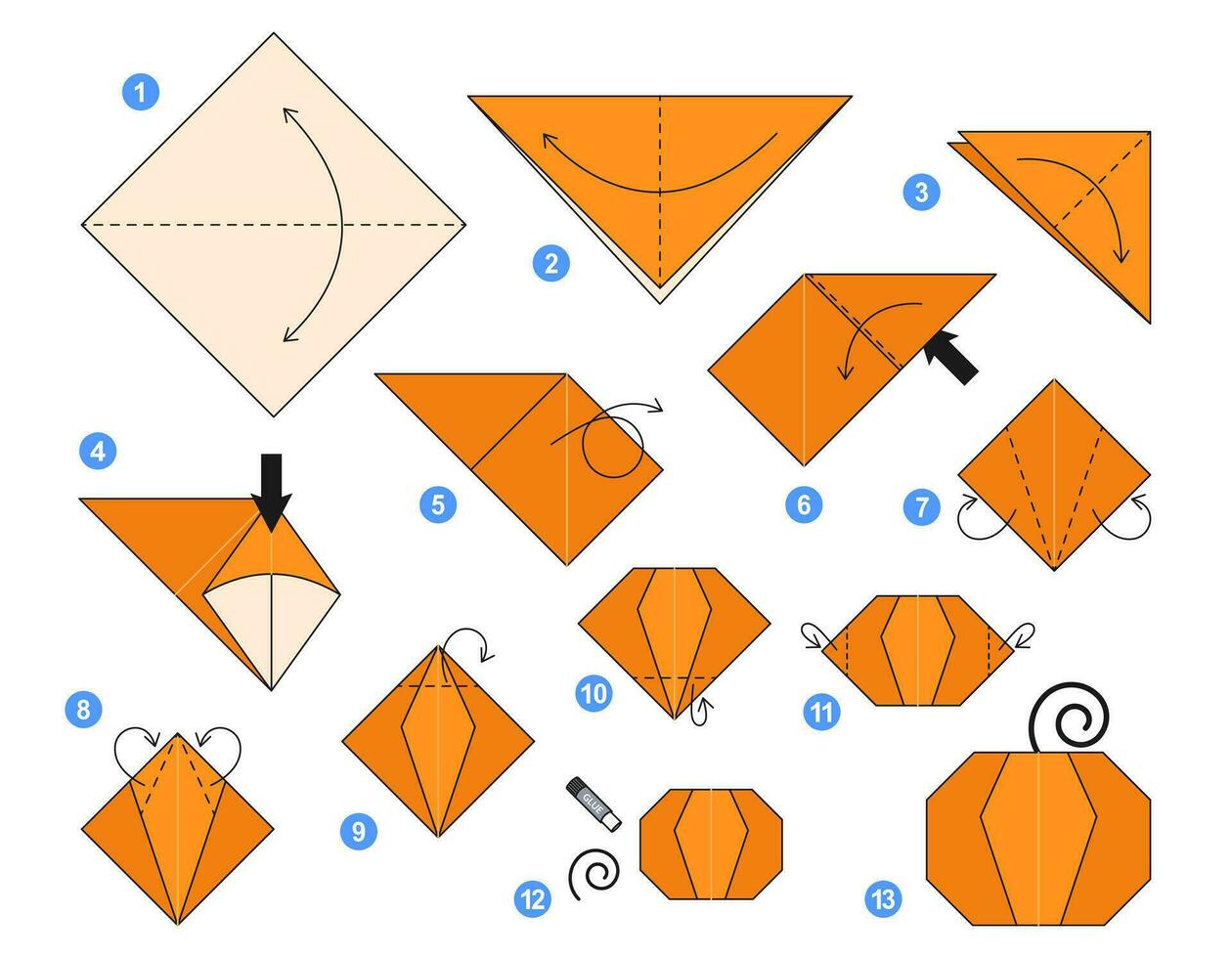 Pumpkin origami scheme tutorial moving model. Origami for kids. Step by step how to make a cute origami vegetable. Vector illustration.