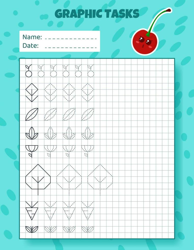 Drawing by cells. Educational game for preschool children. Worksheets with cherry for practicing logic, motor skills. Graphic tasks for kids with different objects and elements. Vector illustration.