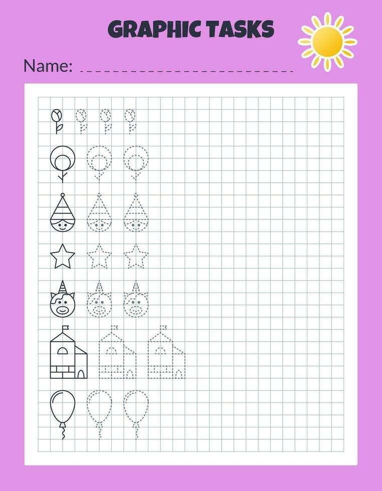 Drawing by cells. Educational game for preschool children. Worksheets for practicing logic and motor skills. Game for kids. Graphic tasks with different objects and elements. Vector illustration