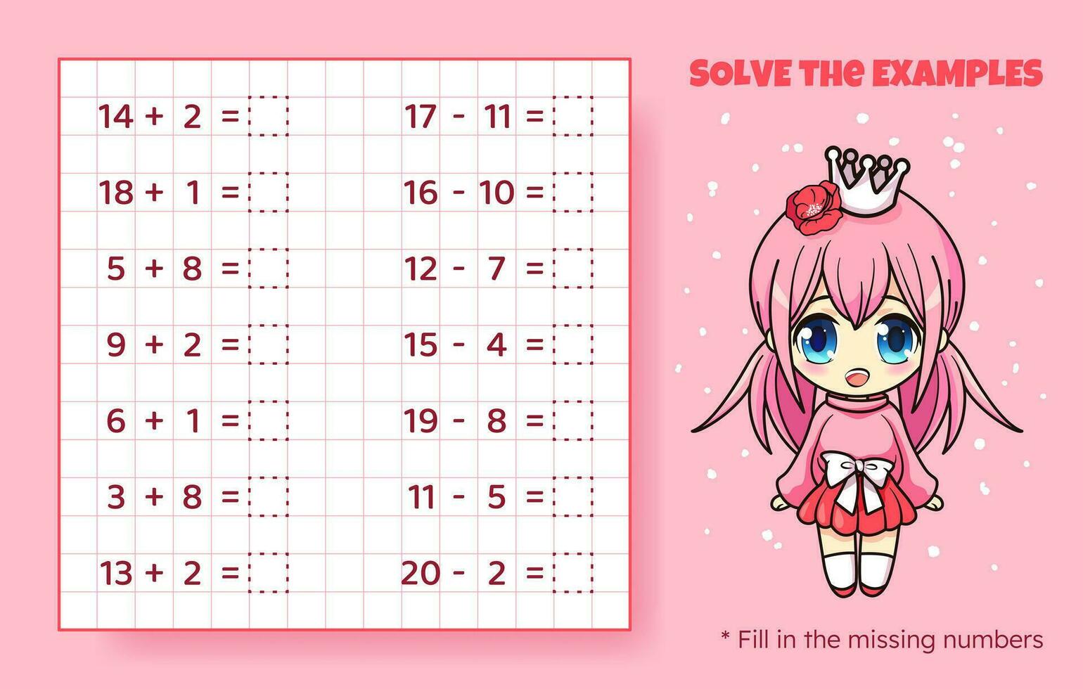 Solve the examples. Addition and subtraction up to 20. Mathematical puzzle game. Worksheet for preschool kids. Vector illustration. Cartoon educational game with cute anime girl for children.
