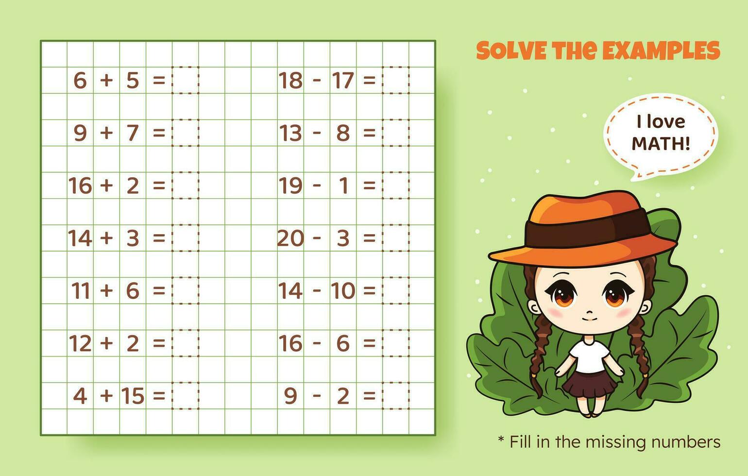 Solve the examples. Addition and subtraction up to 20. Mathematical puzzle game. Worksheet for preschool kids. Vector illustration. Cartoon educational game with cute anime girl for children.
