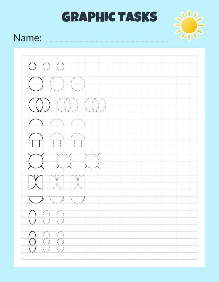 Drawing by cells. Educational game for preschool children. Worksheets for practicing logic and motor skills. Game for kids. Graphic tasks with different objects and elements. Vector illustration