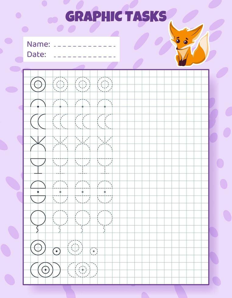 Drawing by cells. Educational game for preschool children. Worksheets with fox for practicing logic, motor skills. Graphic tasks for kids with different objects and elements. Vector illustration