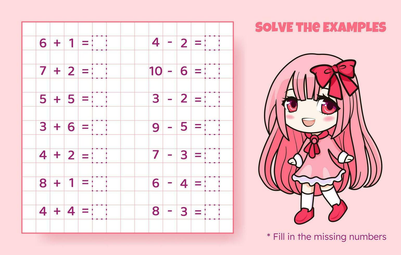 Solve the examples. Addition and subtraction up to 10. Mathematical puzzle game. Worksheet for preschool kids. Vector illustration. Cartoon educational game with cute anime girl for children.