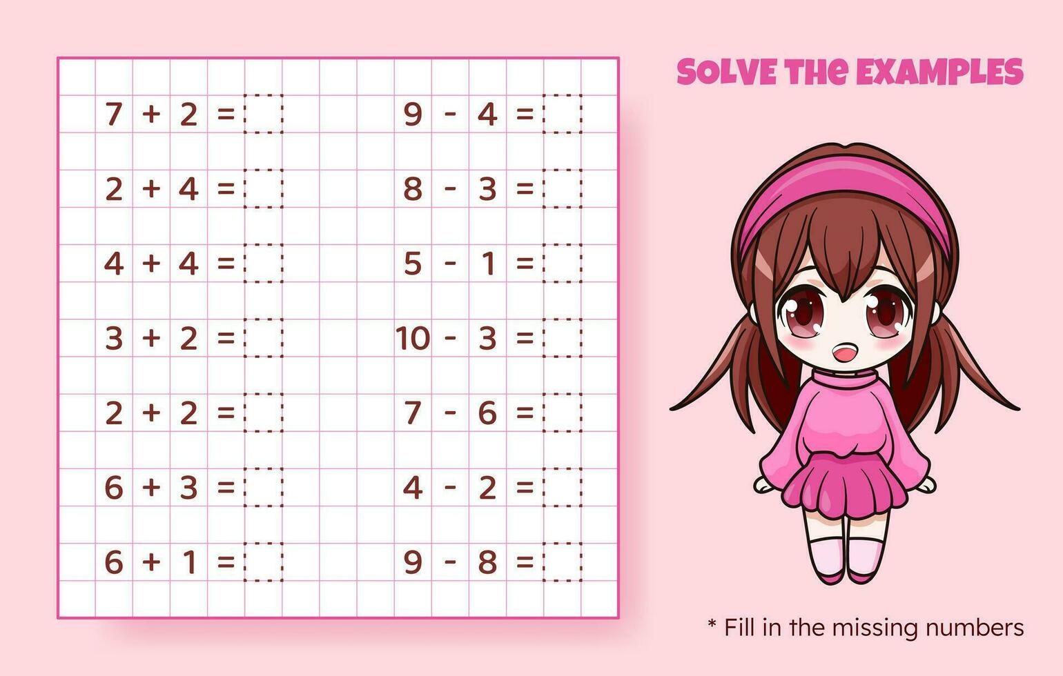 Solve the examples. Addition and subtraction up to 10. Mathematical puzzle game. Worksheet for preschool kids. Vector illustration. Cartoon educational game with cute anime girl for children.