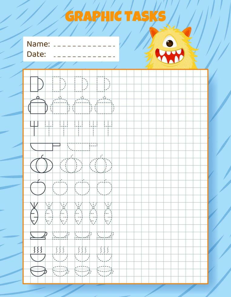 Drawing by cells. Educational game for preschool children. Worksheets with monster for practicing logic, motor skills. Graphic tasks for kids with different objects and elements. Vector illustration