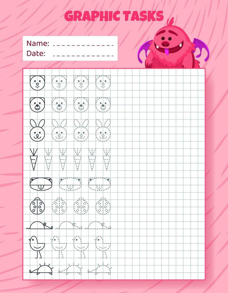 Drawing by cells. Educational game for preschool children. Worksheets with monster for practicing logic, motor skills. Graphic tasks for kids with different objects and elements. Vector illustration