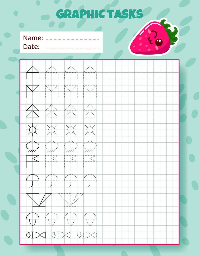 Drawing by cells. Educational game for preschool children. Worksheets with strawberry for practicing logic, motor skills. Graphic tasks for kids with different objects and elements. Vector