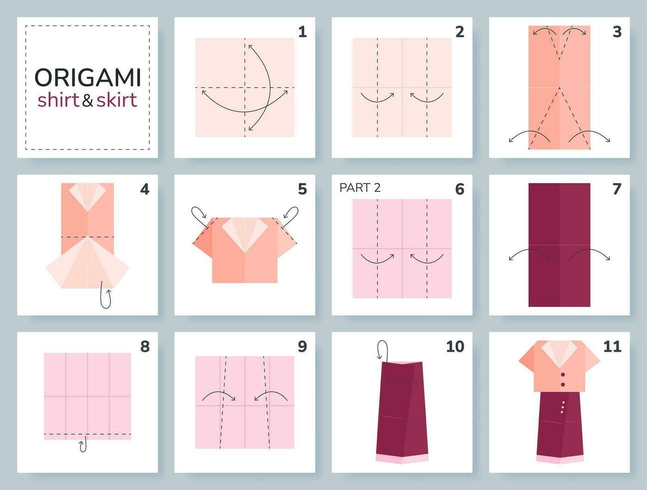 Skirt and shirt origami scheme tutorial moving model. Origami for kids. Step by step how to make a cute origami costume for women. Vector illustration.