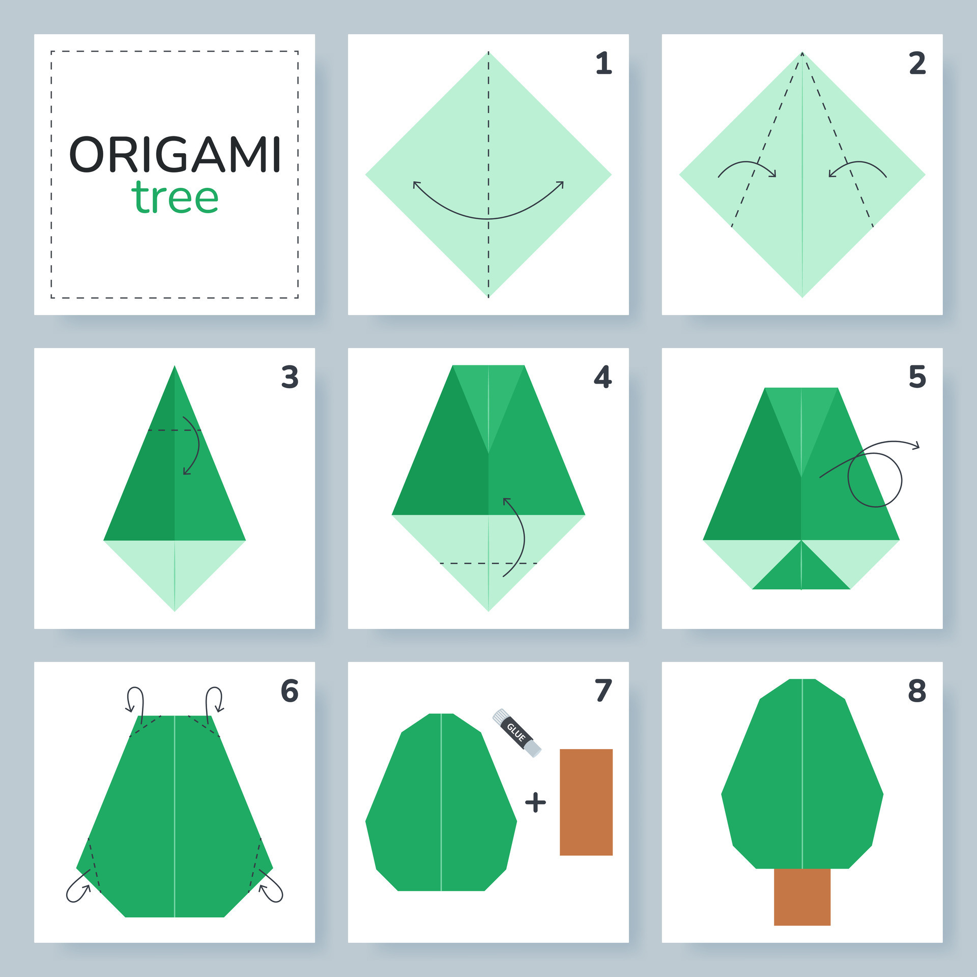 Tree origami scheme tutorial moving model. Origami for kids. Step by step  how to make a cute origami oak tree. Vector illustration. 34126959 Vector  Art at Vecteezy