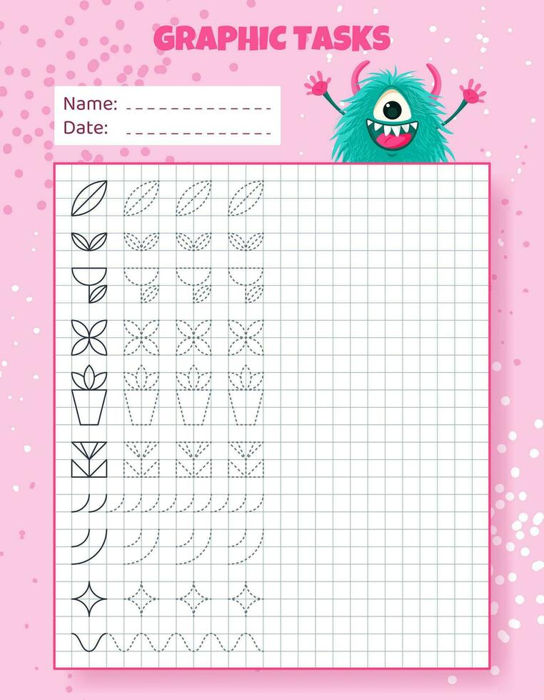 Drawing by cells. Educational game for preschool children. Worksheets with monster for practicing logic, motor skills. Graphic tasks for kids with different objects and elements. Vector illustration