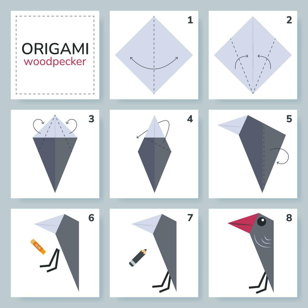 Woodpecker origami scheme tutorial moving model. Origami for kids. Step by step how to make a cute origami bird. Vector illustration.