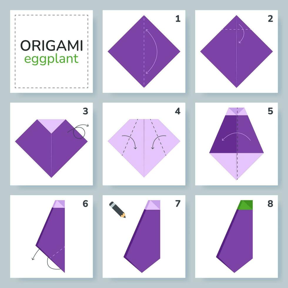 Eggplant origami scheme tutorial moving model. Origami for kids. Step by step how to make a cute origami vegetable. Vector illustration.