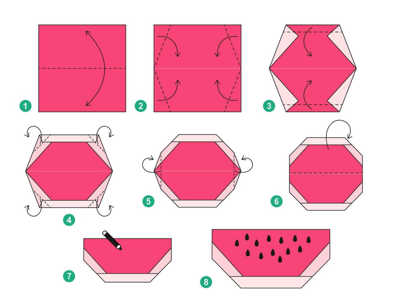 Watermelon origami scheme tutorial moving model. Origami for kids. Step by step how to make a cute origami fruit. Vector illustration.