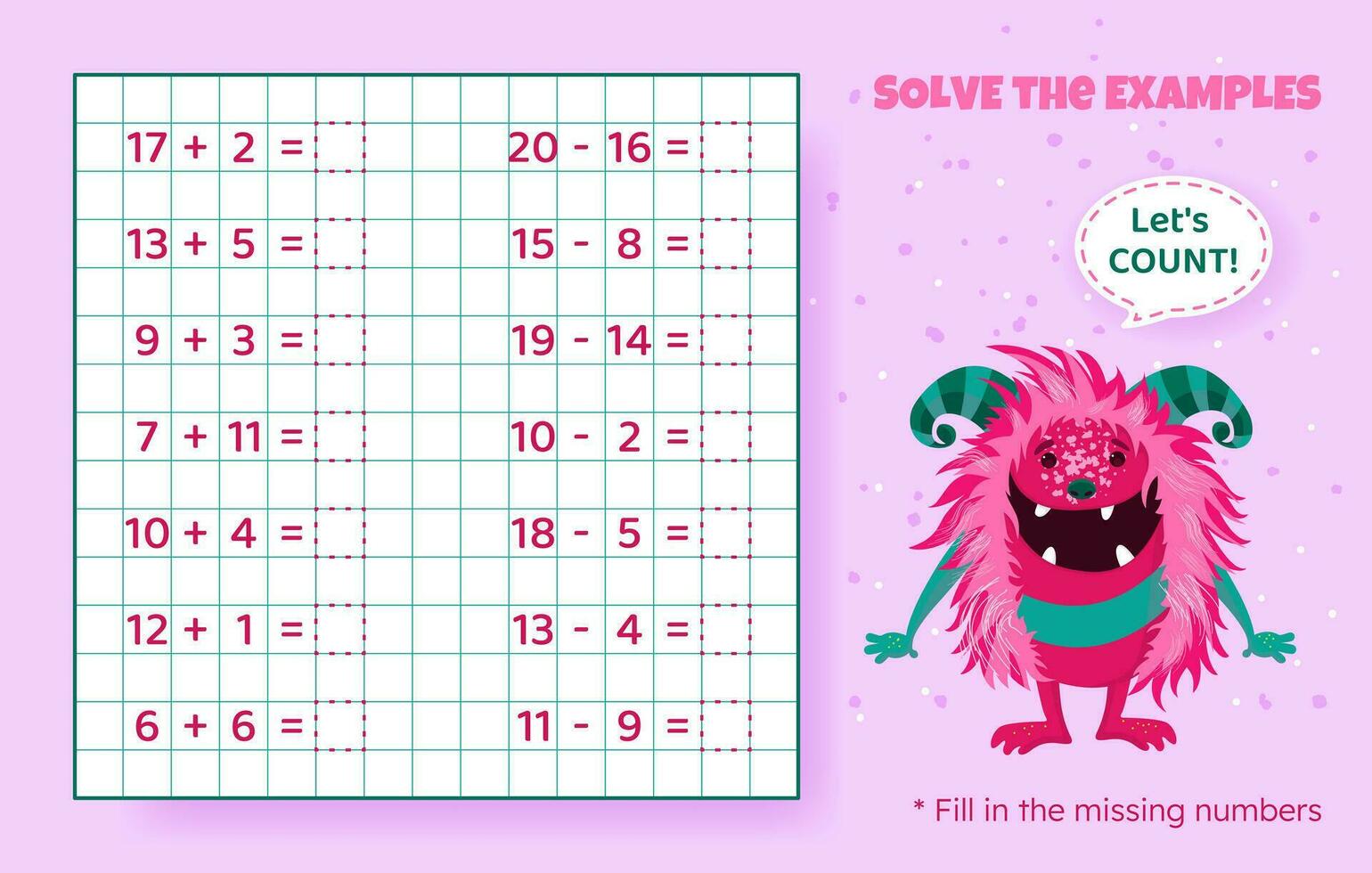 Solve the examples. Addition and subtraction up to 20. Mathematical puzzle game. Worksheet for preschool kids. Vector illustration. Cartoon educational game with cute monster for children.